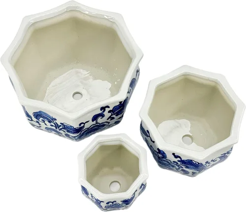 Miniatura 6 de Galt International Macetas de jardín decorativas de porcelana de cerámica con diseño floral azul y blanco, diseño chino asiático - Juego de 3