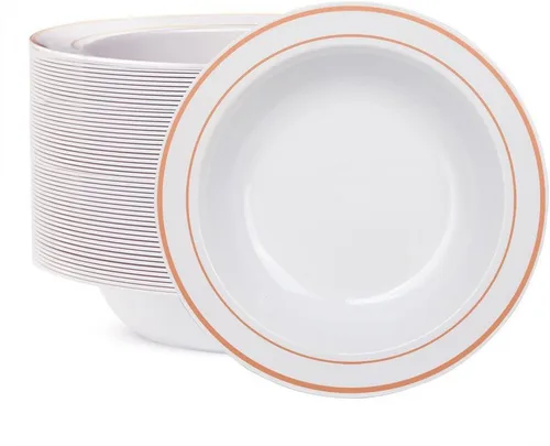 WDF 60 cuencos de plástico desechables de 12 onzas, cuencos de ensalada con ribete de oro rosa, platos de plástico resistentes de alta calidad para