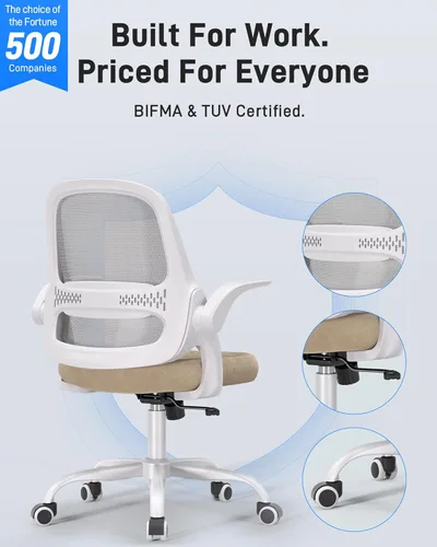 Miniatura 8 de Silla de oficina ergonómica de malla para oficina en casa, brazos abatibles, respaldo de malla transpirable y cojín de asiento grueso, silla de Beige