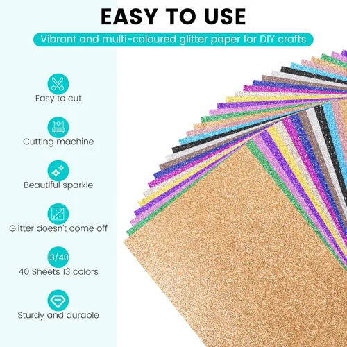 Miniatura 5 de 40 hojas de cartulina con purpurina HTVRONT de 300GSM - 13 colores de cartulina con purpurina, papel de cubierta de 110lb A4, cartulinas gruesas