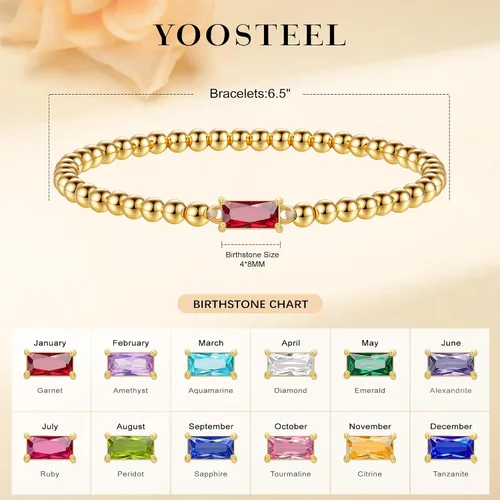 Miniatura 5 de Yoosteel Pulsera delicada con piedra natal para mujer, pulseras elásticas chapadas en oro de 14 quilates, joyería de cumpleaños de amistad de moda