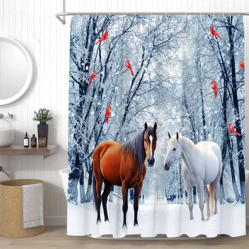 Miniatura 3 de Cortina de ducha de invierno de Navidad, caballos, pájaros rojos, escena de nieve, feliz año nuevo, decoración de baño, juego de cortinas con ganchos