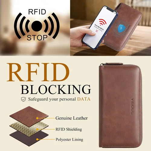 Miniatura 18 de VISOUL Cartera larga de cuero con cremallera para hombres y mujeres con bloqueo RFID, cartera larga de embrague grande con cremallera, Negro