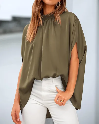 Miniatura 73 de BTFBM Blusas de verano para mujer, cuello alto falso, manga murciélago, holgadas, dobladillo alto y bajo, blusas informales de gran