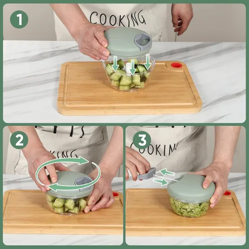 Miniatura 6 de Picador de alimentos manual, picador de ajo con contenedor, cortador de cocina de verduras, procesador de alimentos de mano con cuerda de tracción