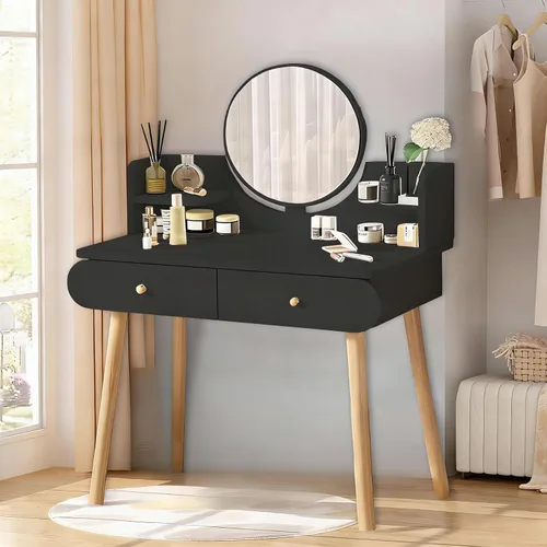 Juego de mesa de tocador de maquillaje con espejo, tablero de fibra de densidad media, moderno escritorio de maquillaje con 2 cajones y 2 estantes,