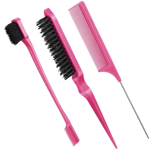 Miniatura 12 de Geiserailie Juego de 3 Cepillos para Cabello Slick Back, Cepillo de Cerdas, Control de Bordes, Peine Desenredante para Cabello Negro de Mujeres Rosa