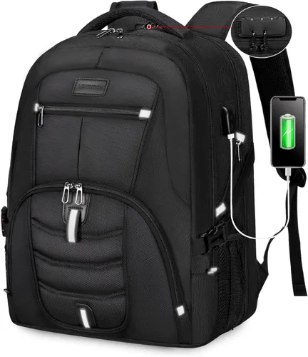 Miniatura 23 de LOVEVOOK Mochila grande de viaje y para laptop, impermeable, antirrobo, con cerradura y puerto de carga USB, para negocios, hombres, mujeres, Negro