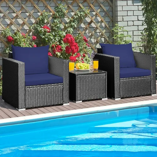 Miniatura 6 de Juego de muebles de mimbre de ratán para exteriores, 3 piezas, con cojín resistente al agua y mesa de vidrio templado, silla de mimbre para porche