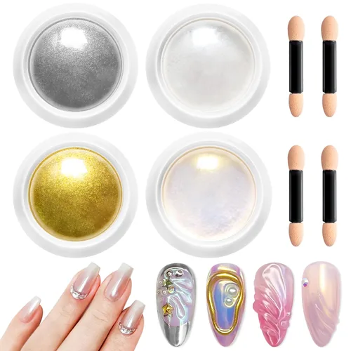 Miniatura 15 de Polvo de uñas cromado y perla, efecto de hadas, polvo de uñas rosa cromado, blanco, perlado aurora, sirena, iridiscente, cromo, polvo, espejo Polvo