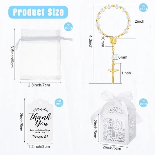 Miniatura 2 de Highergo Juego de 200 recuerdos de bautismo, 50 piezas de mini rosario, 50 piezas, cajas de regalo para fiesta de bautismo, bolsas de organza
