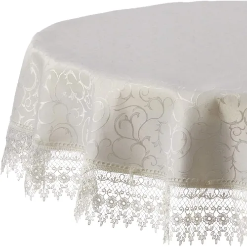 Miniatura 2 de Violet Linen Manteles jacquard de damasco de poliéster con patrón de encaje vintage, 70 pulgadas, redondo, beige