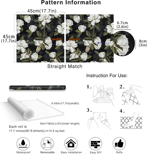 Miniatura 7 de HAOKHOME Papel tapiz floral para despegar y pegar, papel de pared de magnolia extraíble, color negro/blanco/verde, papel de contacto autoadhesivo
