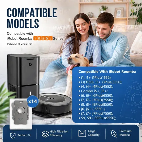 Miniatura 2 de Paquete de 14 bolsas de vacío de repuesto compatibles con iRobot Roomba i & s y j Series i7, i7+, i3, i3+, i1+, i4, i4+, i6, i6+, i8, i8+, j6, j6+