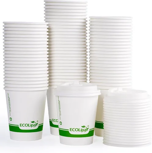 ECOLipak 200 tazas de café de papel compostables de 8 onzas, tazas de café desechables biodegradables con tapa CPLA, tazas de bebida caliente 8 oz