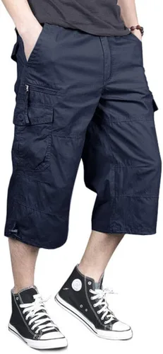 MAGNIVIT Pantalones cortos capri largos elásticos tipo cargo para hombre por debajo de la rodilla, pantalones cortos casuales de algodón 34 con