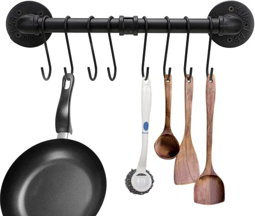 Sumnacon Estante industrial de 16 pulgadas para ollas con 8 ganchos, riel de metal montado en la pared, utensilios de cocina, olla, tapa,