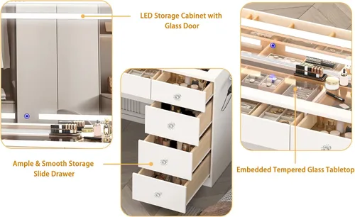 Miniatura 8 de JassmiPkwy Escritorio de maquillaje de 46 pulgadas con espejo, mesa de tocador de cristal con luces, cajones, toma de corriente, escritorio