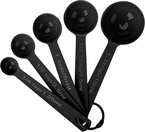 Juego de 5 cucharas medidoras de acero inoxidable, tazas medidoras de metal para líquidos, alimentos, cocina, hornear (negro)