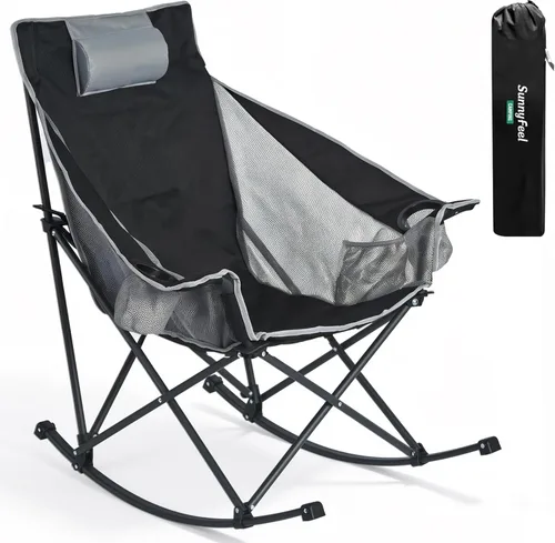 Miniatura 10 de SUNNYFEEL Silla Mecedora de Camping de Gran Tamaño, Silla de Patio Totalmente Acolchada con Bolsillo Lateral, Sillón Reclinable Portátil de Respaldo