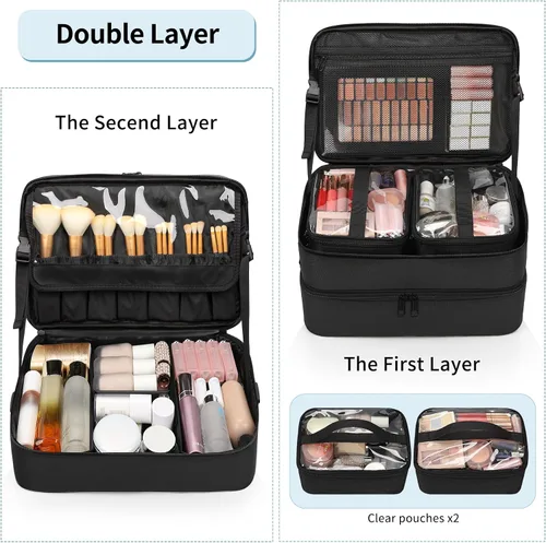 Miniatura 2 de Estuche de maquillaje extra grande, bolsa de viaje para artistas de maquillaje profesional, doble capa, ligera, XL, estuche organizador de viaje