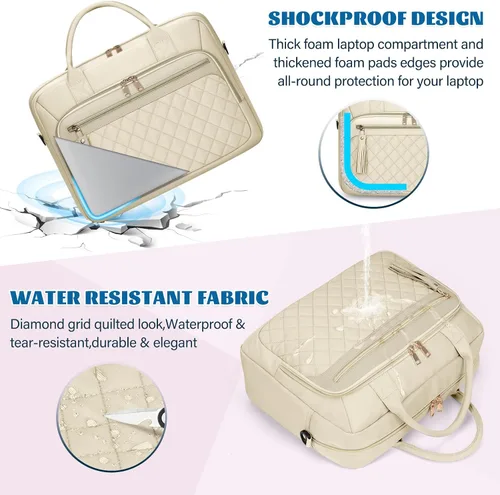 Miniatura 4 de RAINSMORE Bolsa para laptop de 17.3 pulgadas para mujer, impermeable, bolsa de hombro grande para computadora portátil, para trabajo, negocios, Beige