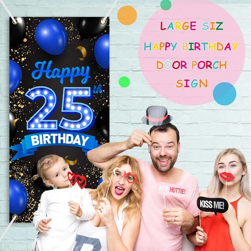 Miniatura 5 de Cartel de feliz cumpleaños 25 color azul y negro, decoración temática de globos de confeti para mujeres de 25 años, suministros de cumpleaños