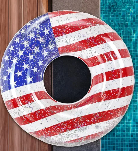 Miniatura 7 de POZA Flotador inflable de piscina de Estados Unidos – Lujosa tumbona divertida llena de confeti de estrellas plateadas brillantes, diseño de bandera