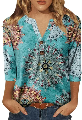 Miniatura 11 de Dimur Camisetas de manga 3/4 con cuello en V y botones para mujer, traje casual de negocios, camiseta básica de verano 2025