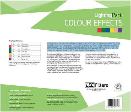 LEE Colour Effects Lighting - Paquete de filtros de gel (9.843 x 11.811 in, 6 colores para estudio, 2 hojas por color, 12 hojas en total