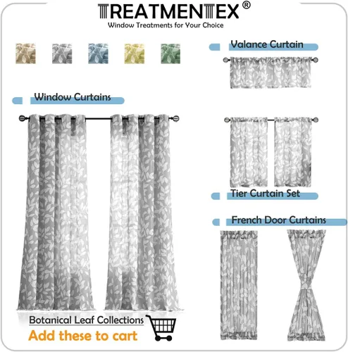 Miniatura 7 de Treatmentex Cortinas blancas y grises para dormitorio de 84 pulgadas de largo, cortinas semitransparentes con estampado de hojas para ventanas