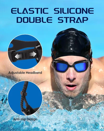 Miniatura 6 de Gafas de natación, gafas para adultos con gorro de natación, clip de nariz y tapones para los oídos, protección UV, lente antivaho y funda