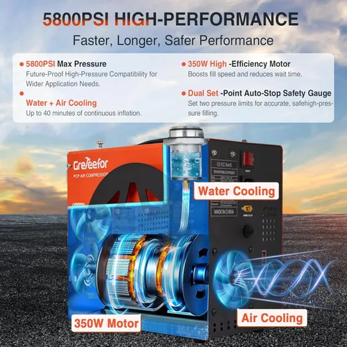 Miniatura 2 de Compresor de aire PCP, máximo 5800 PSI / 40 MPa, bomba portátil de alta presión de 350 W, refrigeración por agua y aire, doble indicador de parada