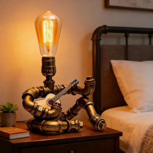 Miniatura 7 de Lámpara de mesa de guitarra musical, lámpara de mesa robot de guitarra steampunk, lámpara steampunk de guitarras retro, lámpara de robot de tubo