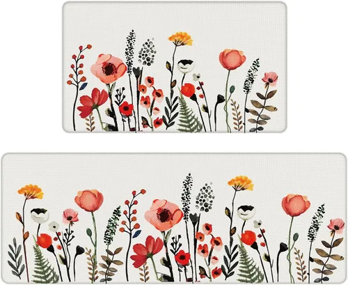 Miniatura 8 de Tapetes de cocina para piso, 2 piezas, color crema, flores coloridas, mariposas, tapetes de cocina para frente del fregadero, alfombras de cocina