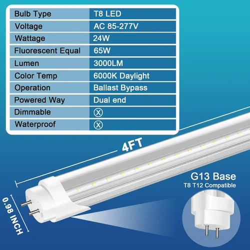 Miniatura 2 de Paquete de 4 bombillas LED T8 de 4 pies, 24 W 3000 LM, luz diurna de 6000 K, derivación de balasto, bombillas tipo B alimentadas de doble extremo