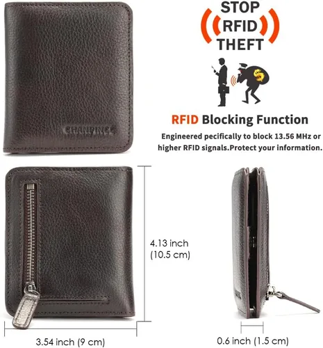 Miniatura 2 de Cartera de cuero con cremallera para hombre, con bloqueo RFID, mini billetera portátil con múltiples ranuras para tarjetas para billetes, Café