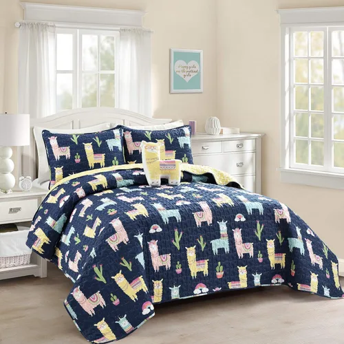Lush Decor Southwest - Juego de edredón de cactus de llama, juego de 3 piezas, matrimonial/queen, azul marino y amarillo, juego de ropa de cama
