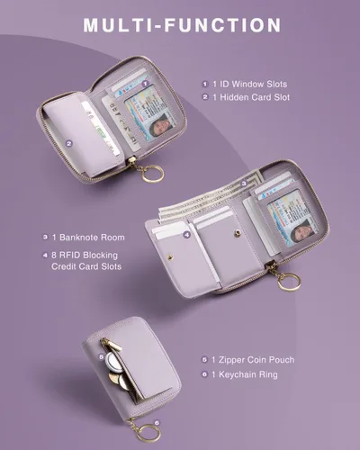 Miniatura 2 de Vulkitty Cartera pequeña para mujer con bloqueo RFID con cremallera alrededor de la funda triple compacta de cuero para tarjetas con bolsillo