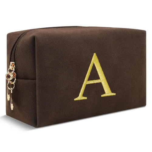 Miniatura 233 de Pequeña bolsa de maquillaje personalizada con inicial A-Z Preppy Patch, bolsa de cosméticos de viaje de felpilla blanca con cremallera, bonita bolsa