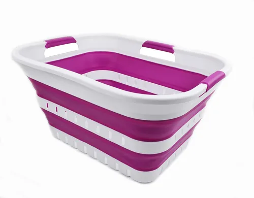 Miniatura 10 de SAMMART Cesta de plástico plegable de 3 asas de 30 litros (8 galones), contenedor de almacenamiento plegable y organizador para ahorrar espacio