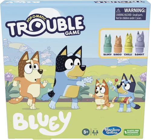 Hasbro Gaming Trouble: Juego de Mesa Edición Bluey para Niños, 2-4 Jugadores, Corre con Bluey, Bingo, Bandit o Chilli hasta la Meta, Edades 5 y Más