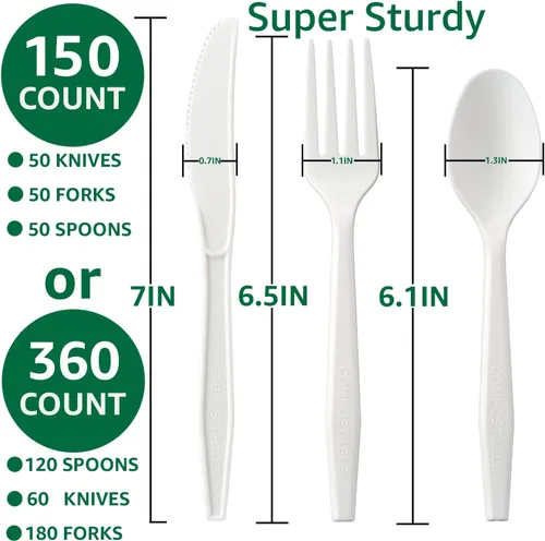 Miniatura 2 de Cuchillos desechables 100% compostables, sin plástico, tenedores, cucharas, utensilios de plástico, los cubiertos pesados y resistentes son