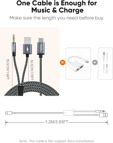 Miniatura 6 de CableCreation USB C a 3.5mm Cable de Audio con Cable de Carga USB, Cable Auxiliar para Coche, Tipo C a Jack Auxiliar para Auriculares, Estéreo
