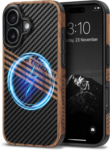 Miniatura 44 de TENDLIN Compatible con iPhone 17 Pro Max Funda de madera con textura de fibra de carbono Diseño de cuero híbrido delgado (negro)