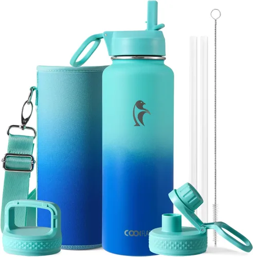 Miniatura 29 de Coolflask Botella de agua de 20 onzas aislada con pajilla, 3 tapas de metal de acero inoxidable, botella de agua de boca ancha para deportes u