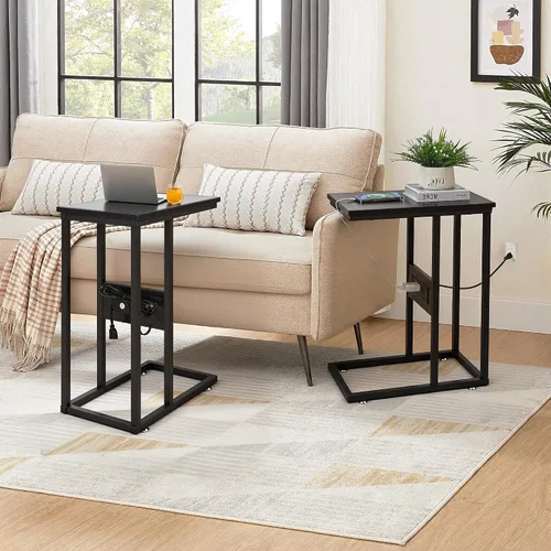 Miniatura 10 de VECELO Mesa auxiliar en forma de C con estación de carga y tomas de corriente para sofá, cama, bandeja de TV con marco de metal para sala de estar