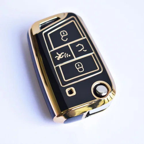Miniatura 4 de SANRILY Golden-Edge - Funda para llavero de 4 botones para VW Tiguan Golf Jetta Polo Atlas Skoda de protección completa sin llave con llavero