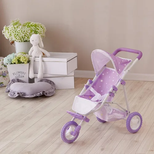 Miniatura 4 de Olivia's Little World Cochecito de Muñeca Bebé estilo jogging con toldo, cinturón de seguridad y espacio de almacenamiento, morado y blanco