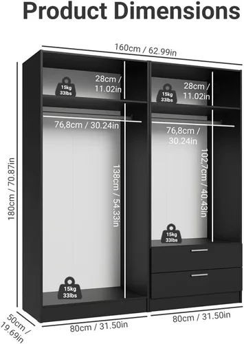 Miniatura 2 de Madesa Juego de armario de 4 puertas y 2 cajones, armario de almacenamiento para dormitorio, con estantes y espacio para colgar, 63 pulgadas de Negro